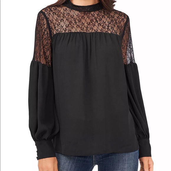 Vince Camuto Tops - Vince Camuto Black Balloon Sleeve Lace Long Sleeve Top Blouse Size S NWOT